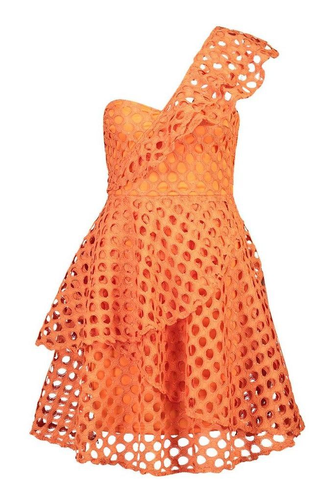 Womens One Shoulder Crochet Lace Skater Dress - orange - 14, Orange