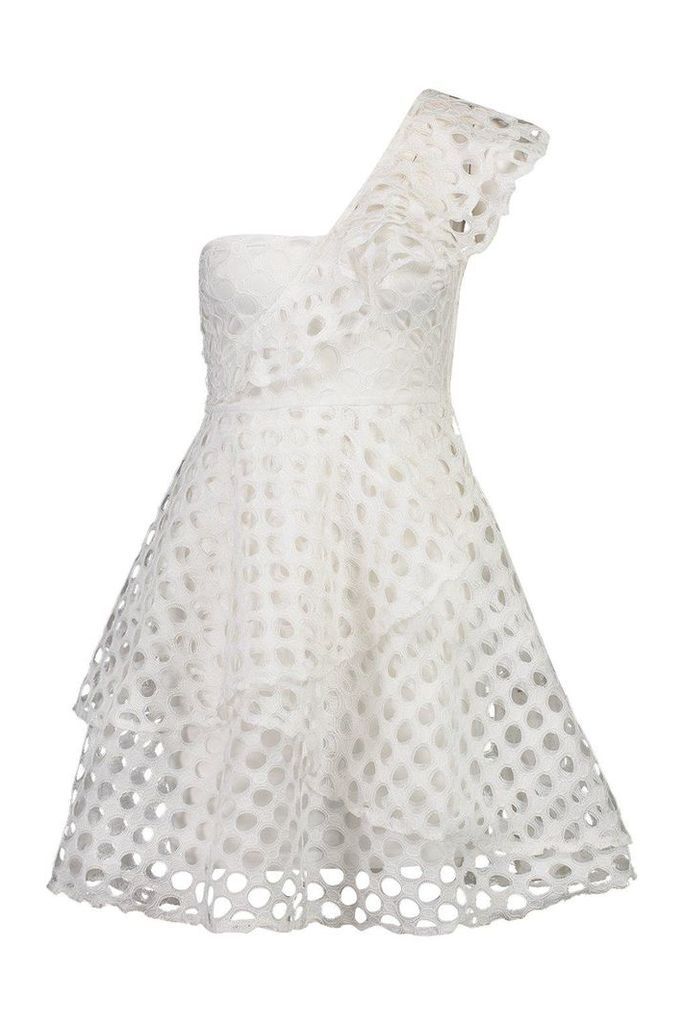Womens One Shoulder Crochet Lace Skater Dress - white - 14, White
