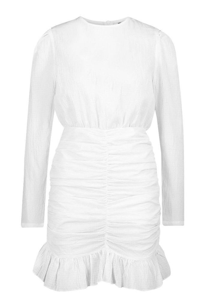 Womens Crinkle Ruched Detail Lace Sleeve Mini Dress - white - 16, White