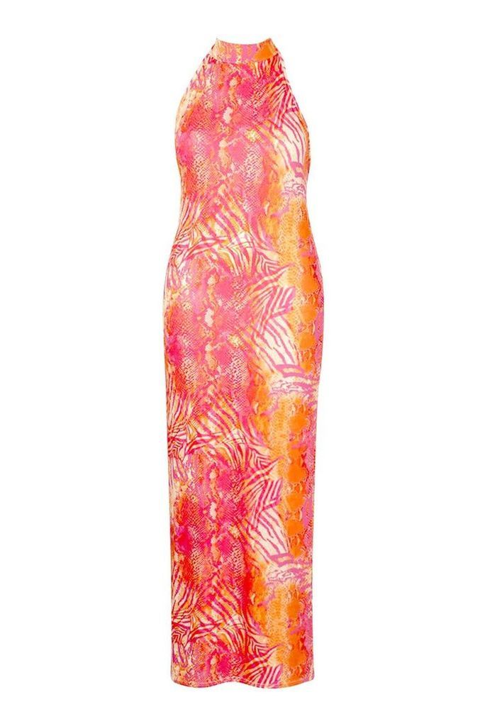Womens Recycled Slinky Tropical High Neck Maxi Dress - Pink - 6, Pink
