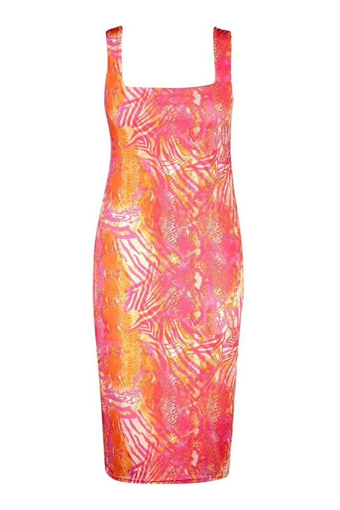 Womens Recycled Slinky Tropical Square Neck Midi Dress - Pink - 10, Pink