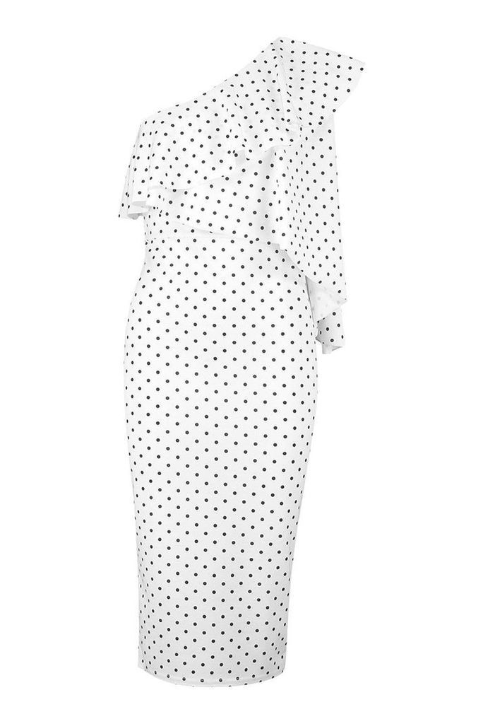 Womens One Shoulder Frill Sleeve Polka Dot Midi Dress - white - 4, White