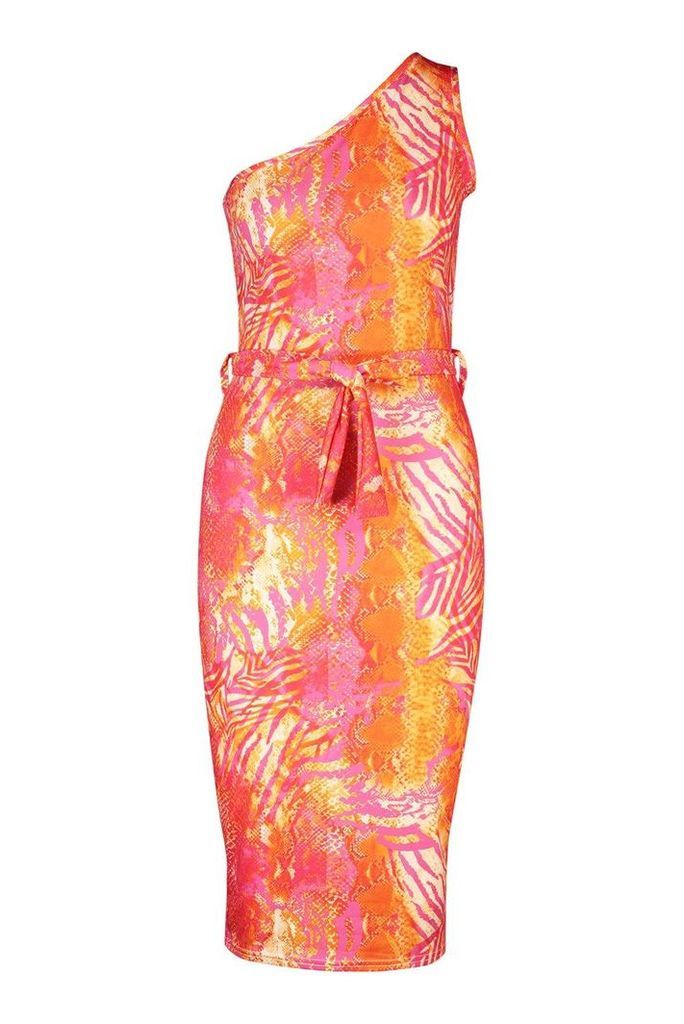 Womens Recycled Slinky Tropical One Shoulder Midi Dress - Pink - 14, Pink
