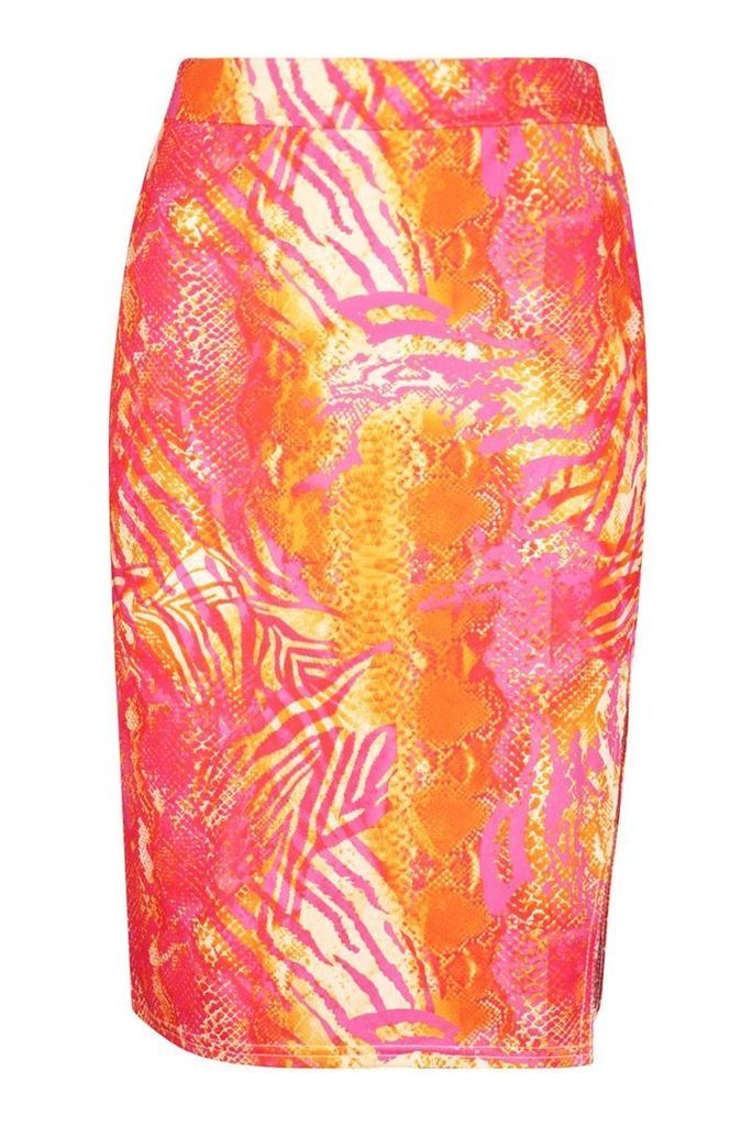 Womens Recycled Slinky Tropical Split Midi Skirt - Pink - 16, Pink