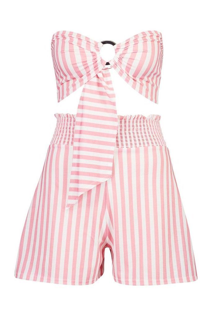 Womens Stripe O Ring Top & Shirred Waist Short Co-Ord - Pink - 14, Pink