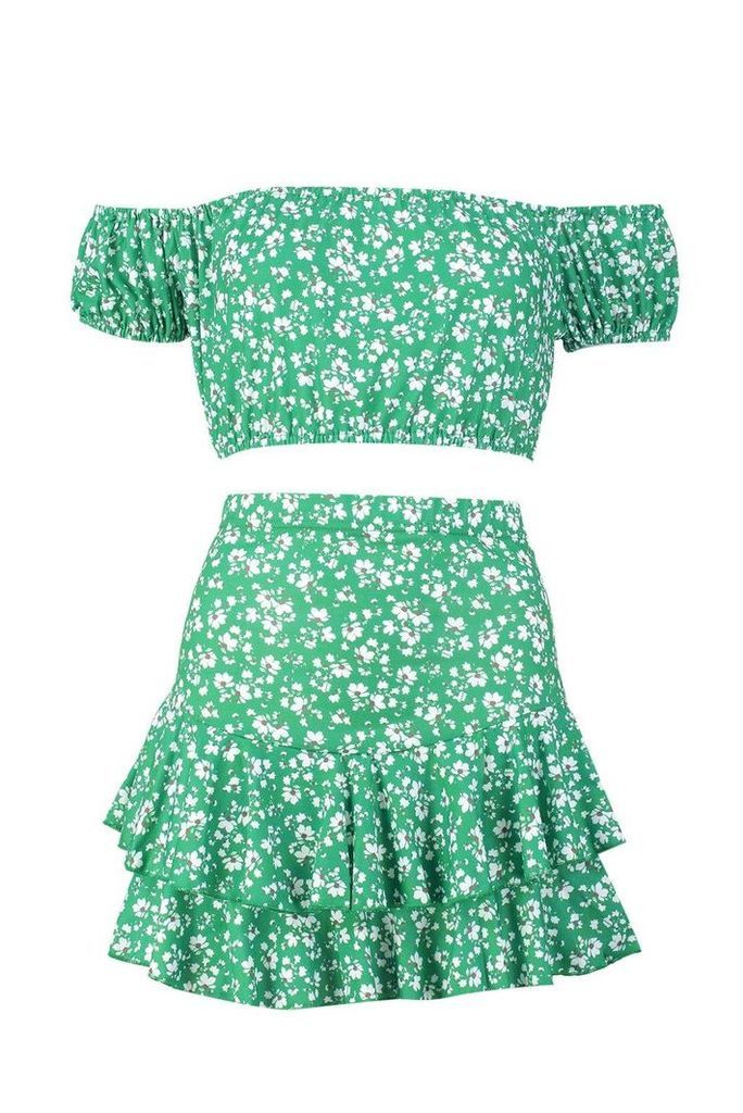 Womens Floral Bardot Top & Ruffle Skirt Co-Ord - green - 14, Green