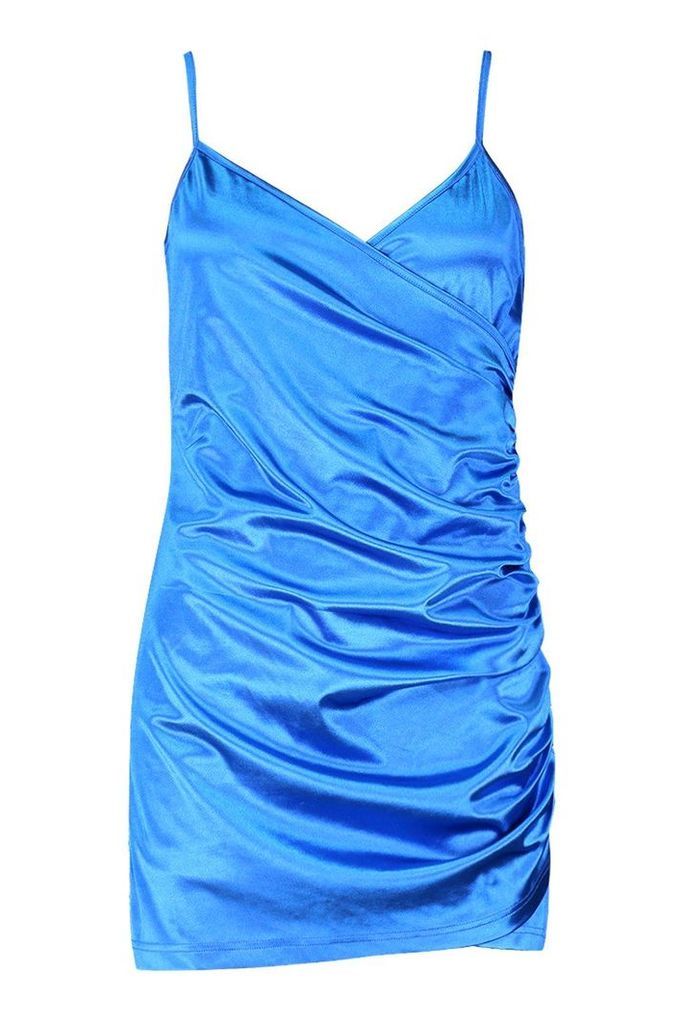 Womens Ruched Stretch Satin Mini Dress - blue - 14, Blue