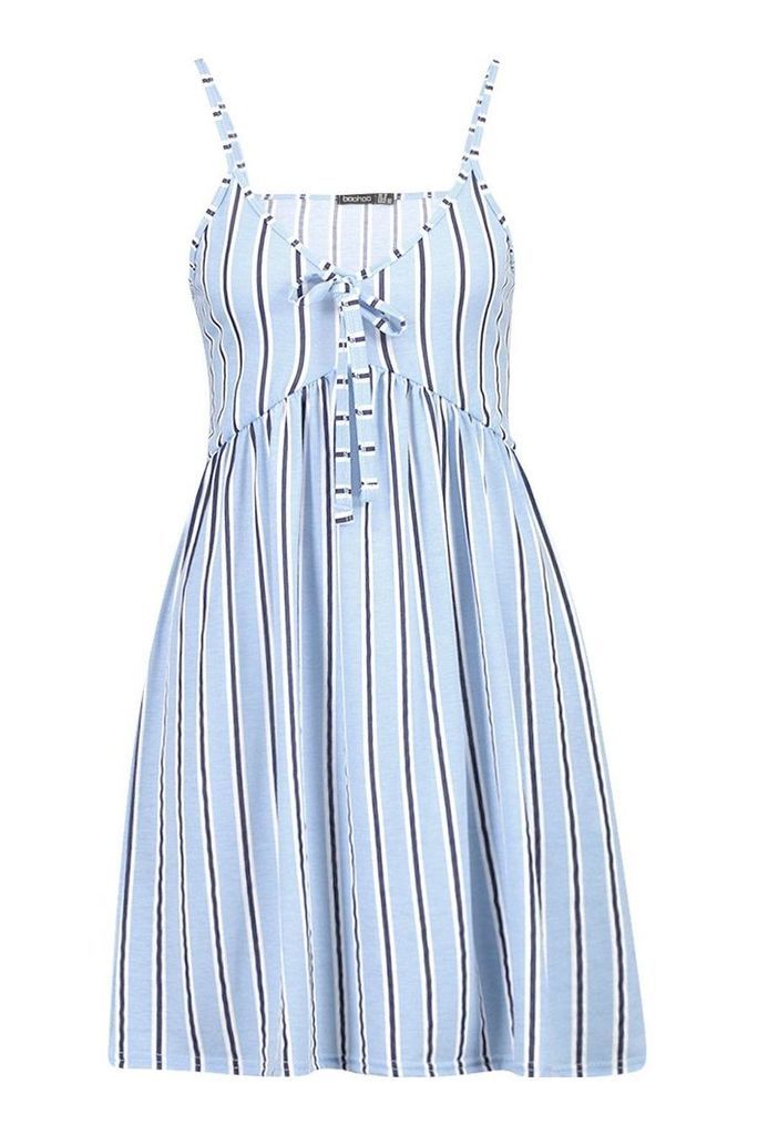 Womens Stripe Tie Front Strappy Sundress - blue - 8, Blue
