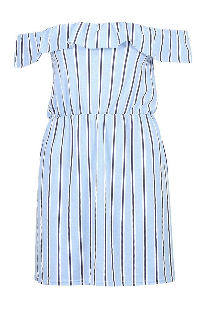 Womens Stripe Off The Shoulder Ruffle Sundress - Blue - 10, Blue