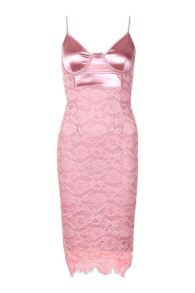 Womens Stretch Satin Cupped Lace Midi Dress - Pink - 8, Pink