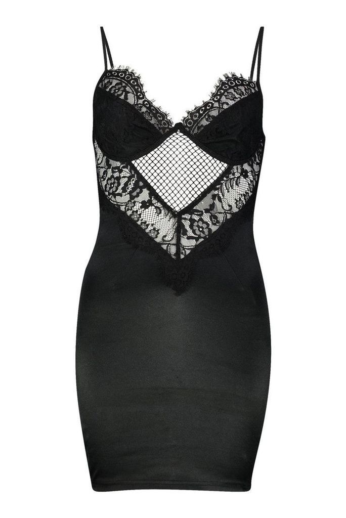Womens Satin & Lace Detail Bodycon Dress - black - M, Black