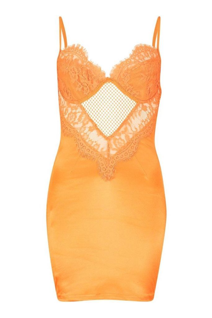Womens Satin & Lace Detail Bodycon Dress - orange - M, Orange