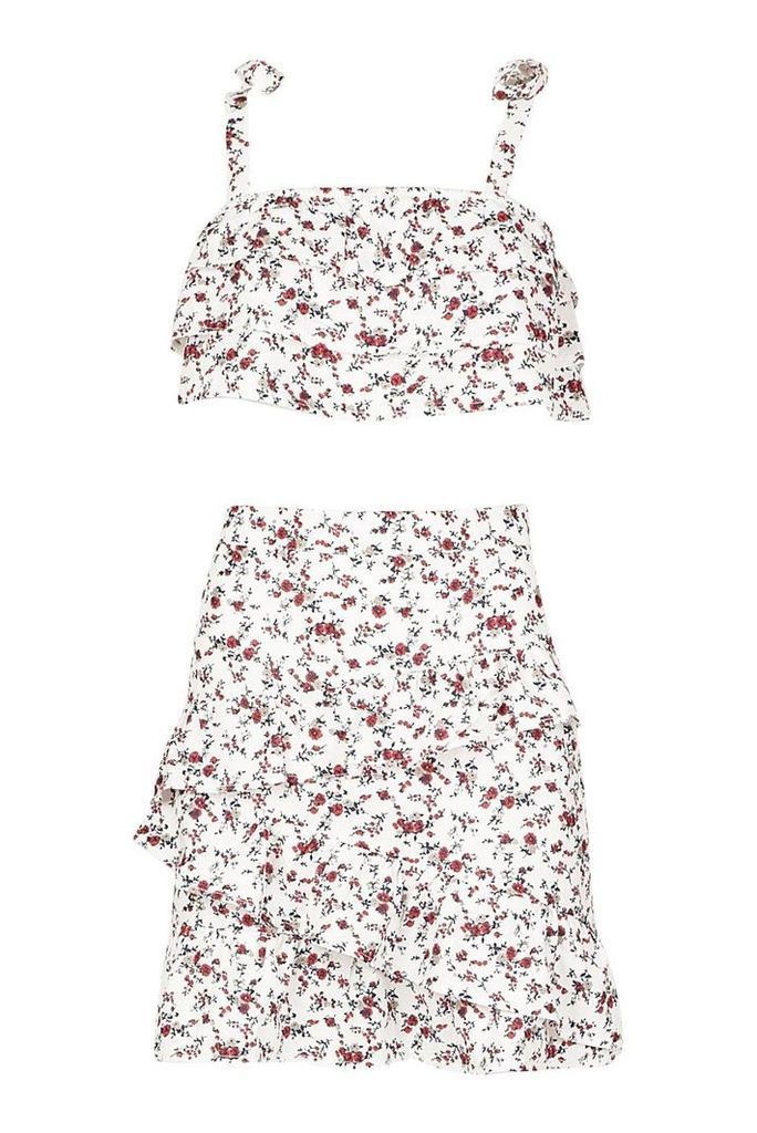Womens Ditsy Print Tiered Crop & Mini Skirt Co-Ord Set - White - 14, White