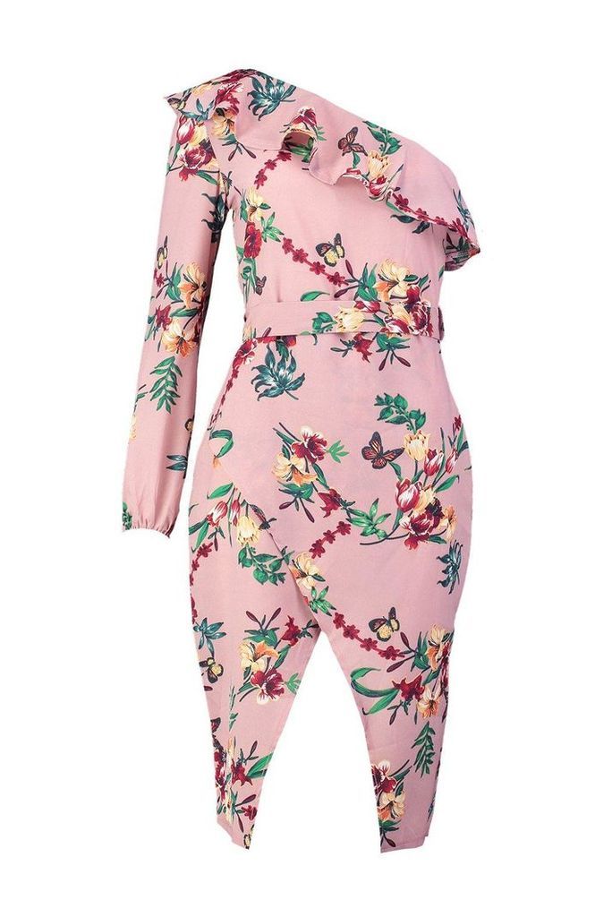 Womens Floral Print One Shoulder Wrap Midi Dress - pink - 12, Pink