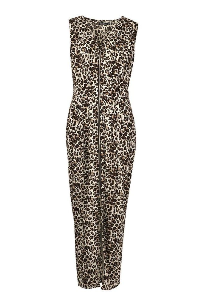 Womens Leopard Woven Zip Through Maxi Dress - beige - 6, Beige