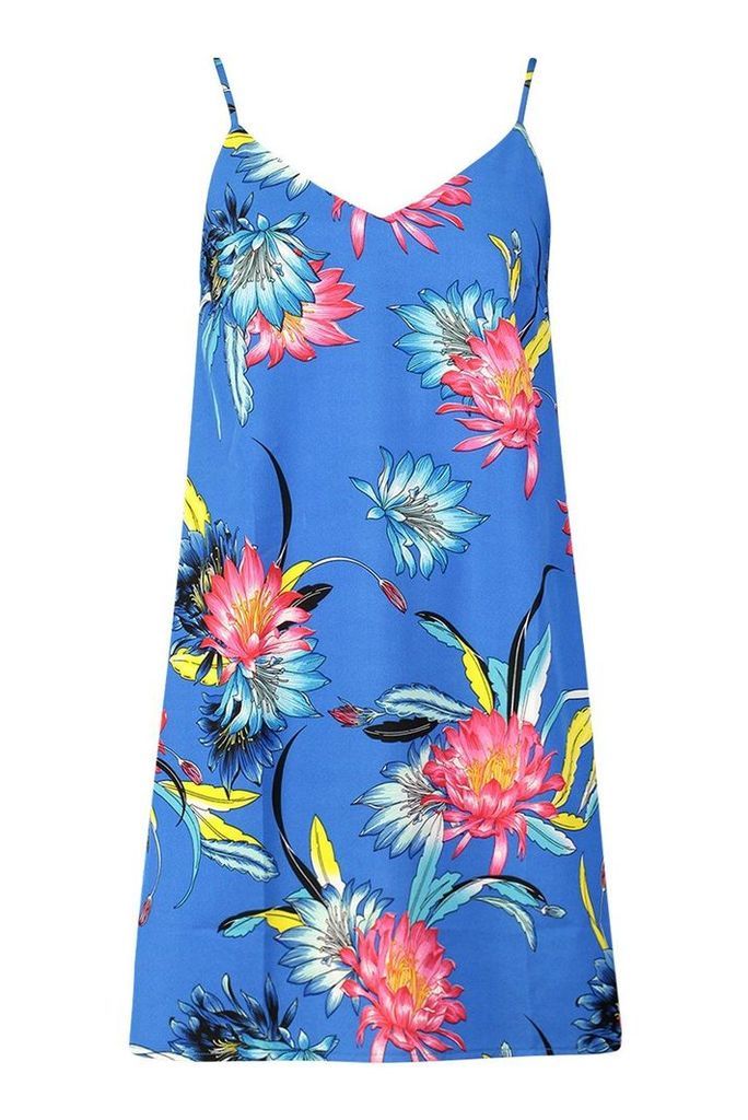 Womens Floral Print Slip Dress - blue - 10, Blue
