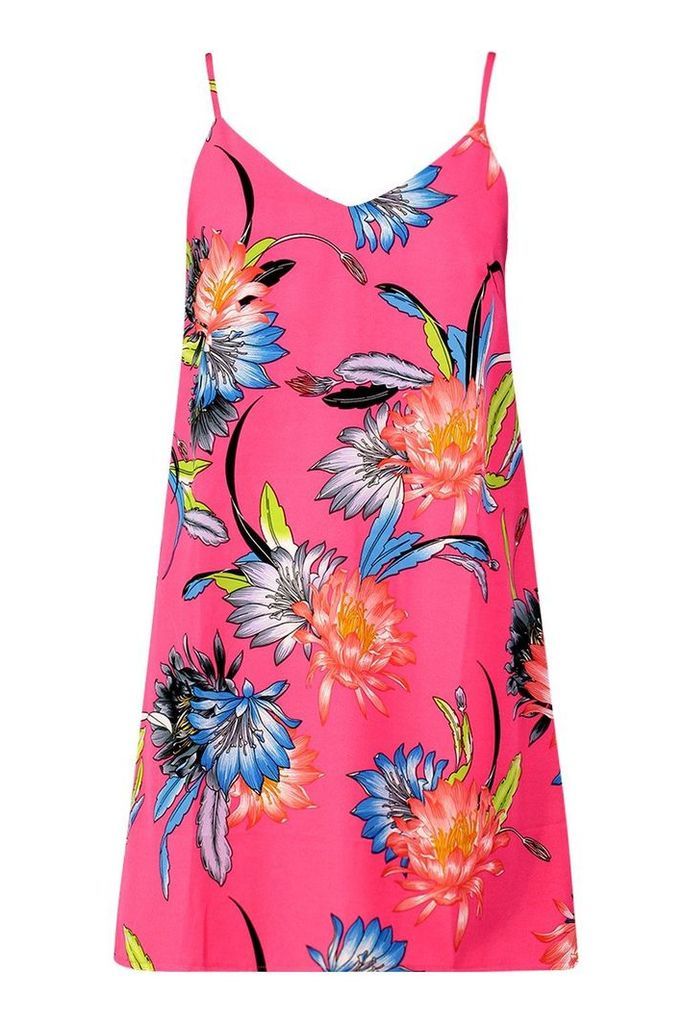Womens Floral Print Slip Dress - Pink - 16, Pink