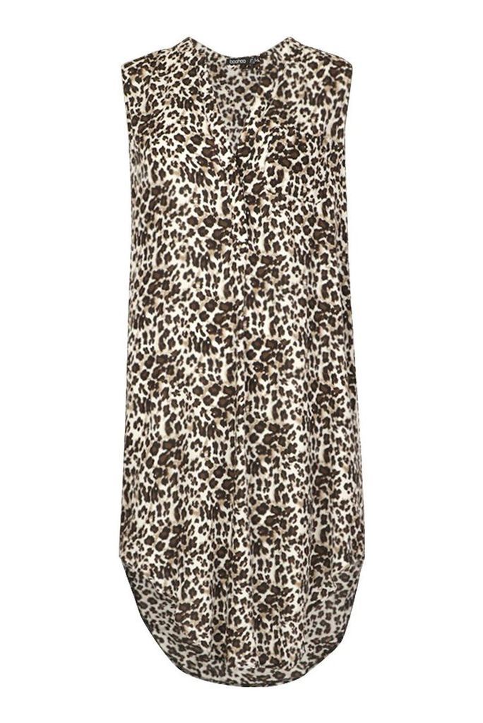 Womens Woven Leopard Sleeveless Shirt Dress - beige - 10, Beige