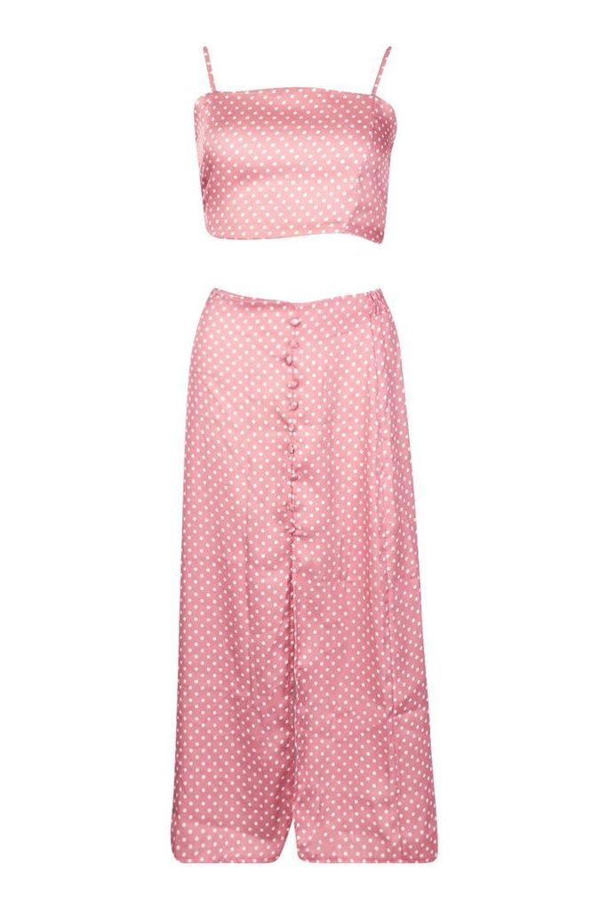 Womens Polka Dot Button Detail Midi Skirt - Pink - 14, Pink