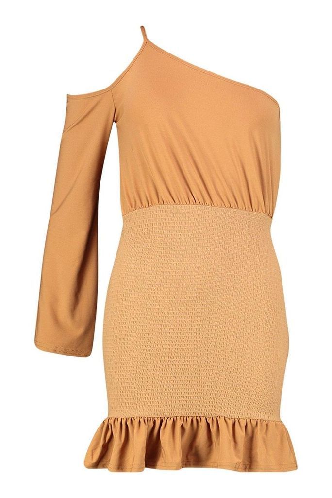 Womens One Sleeve Shirred Bodycon Mini Dress - beige - 12, Beige