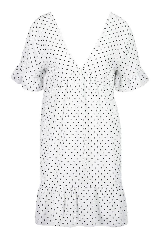Womens Heart Print Plunge Ruffle Hem Smock Dress - white - 8, White