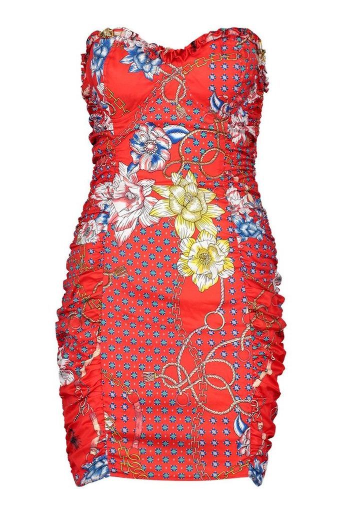 Womens Ruched Side Chain Print Dress - red - 14, Red