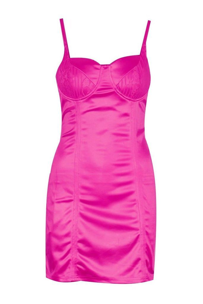 Womens Lace Trim Bustier Stretch Satin Mini Dress - Pink - 12, Pink