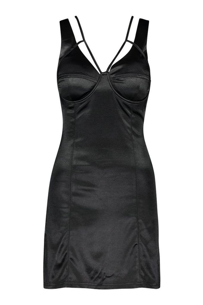 Womens Stretch Satin Cup Detail Mini Dress - black - 12, Black