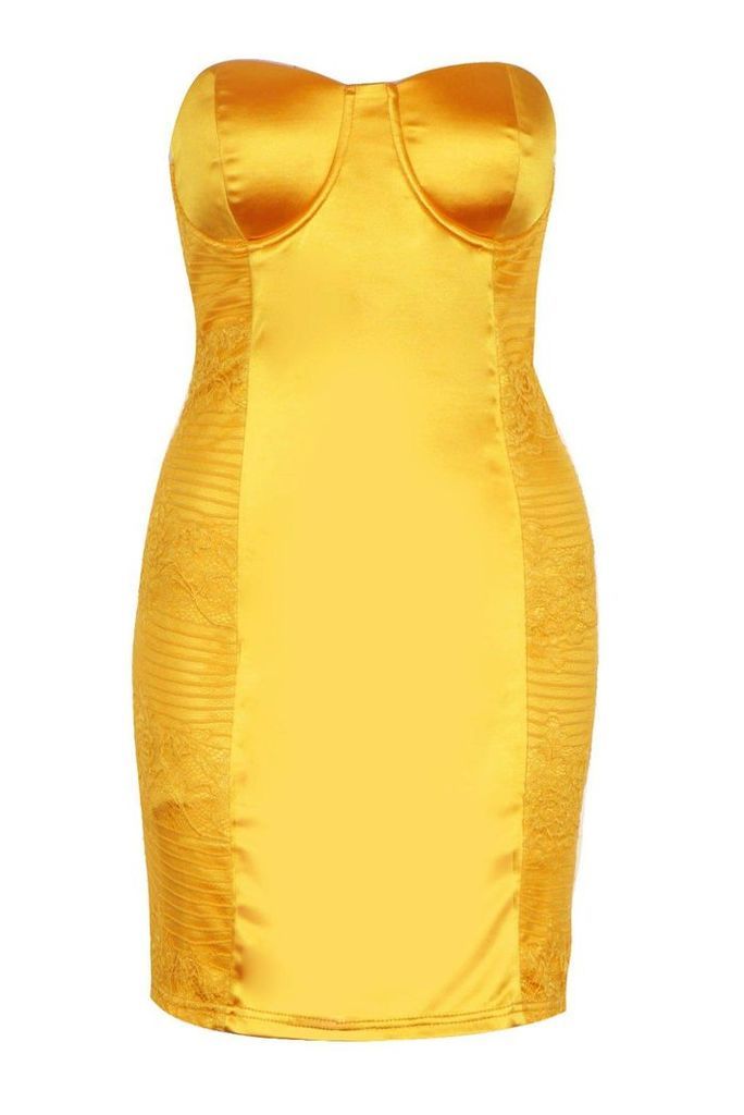 Womens Lace & Satin Bandeau Mini Dress - yellow - 6, Yellow