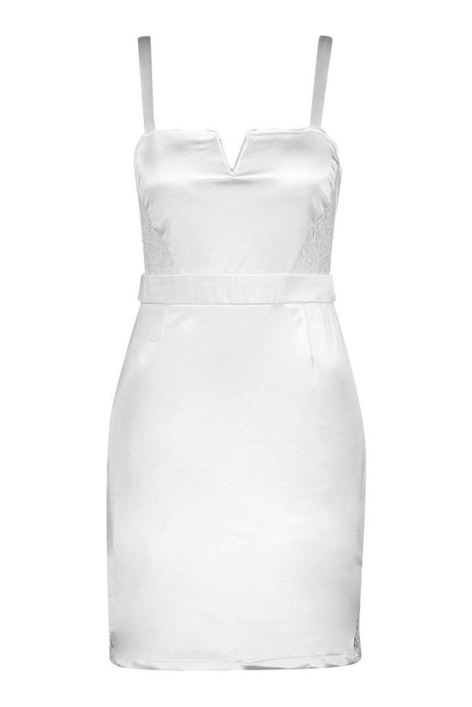 Womens Square Neck Lace Trim Stretch Satin Mini Dress - white - 12, White