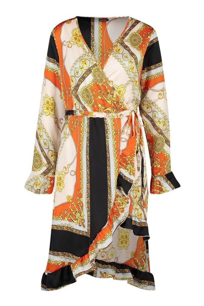 Womens Chain Print Asymmetric Ruffle Hem Tea Dress - orange - 10, Orange