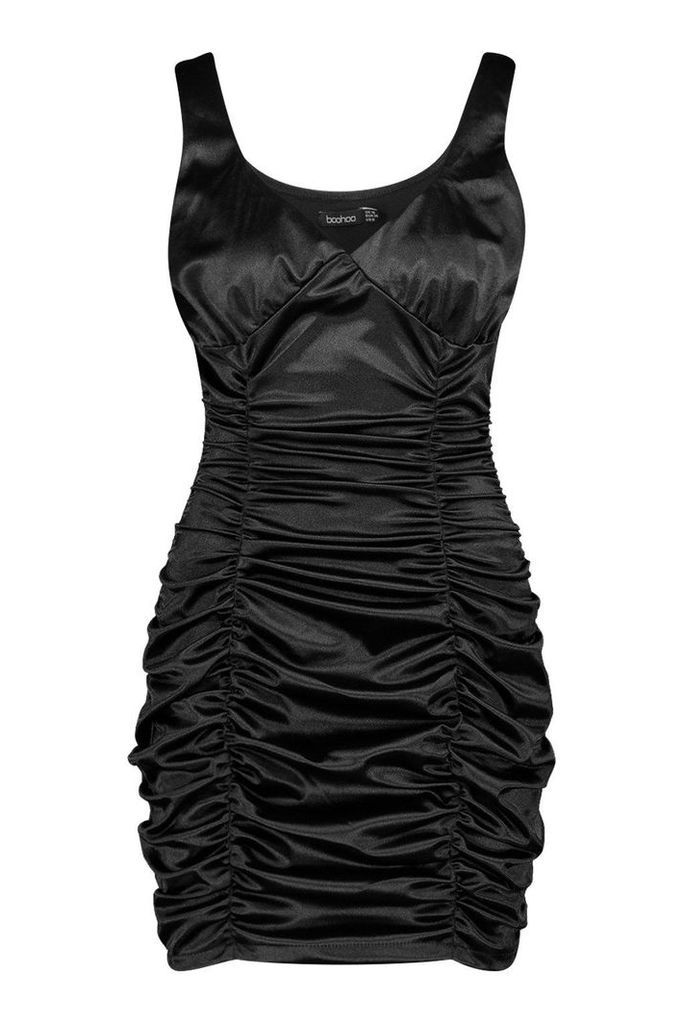 Womens Stretch Satin Rouche Cupped Mini Dress - black - 12, Black