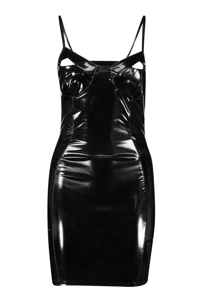 Womens Faux Leather Cut Out Cup Bodycon Mini Dress - black - 14, Black