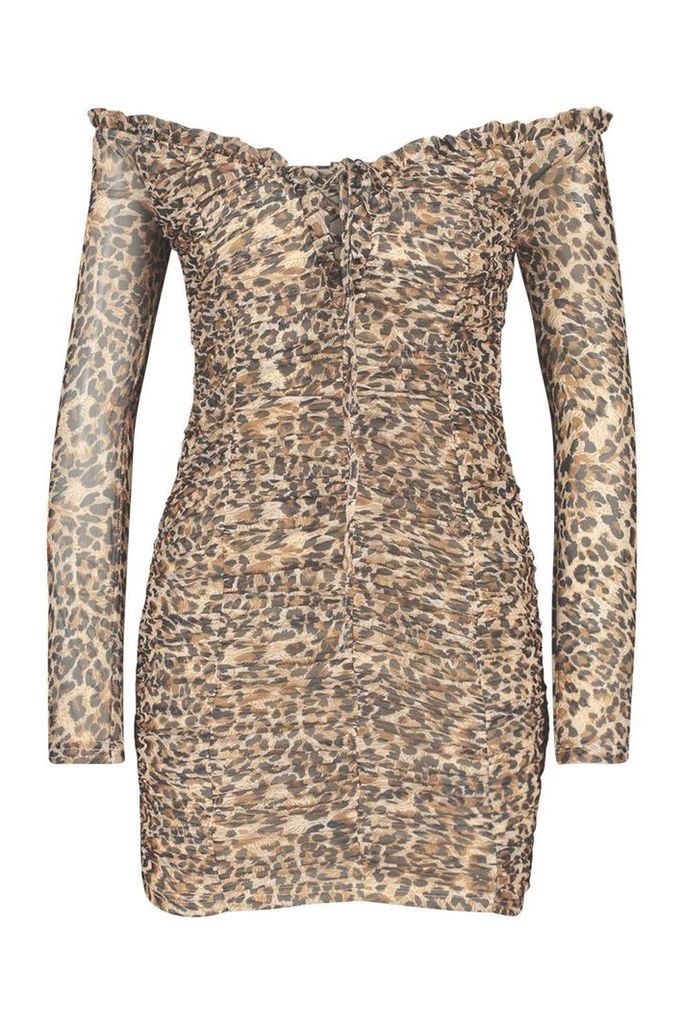 Womens Leopard Ruched Mesh Mini Dress - multi - 14, Multi