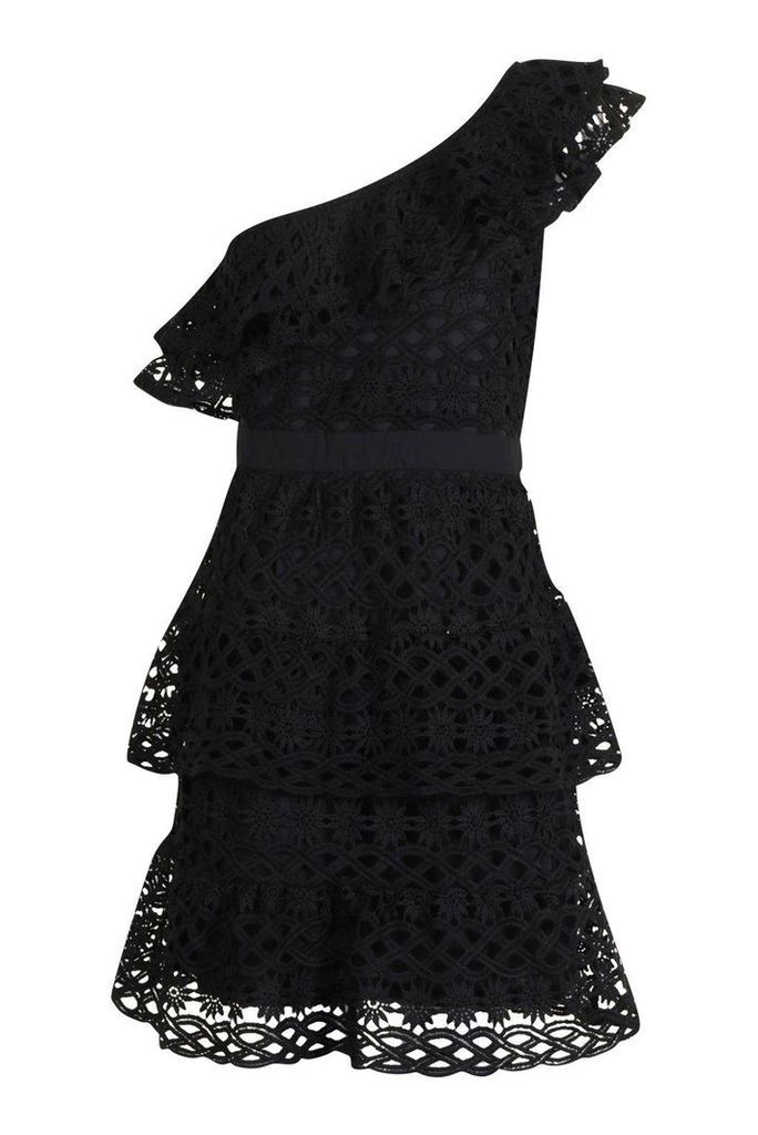 Womens One Shoulder All Over Crochet Mini Dress - black - 8, Black