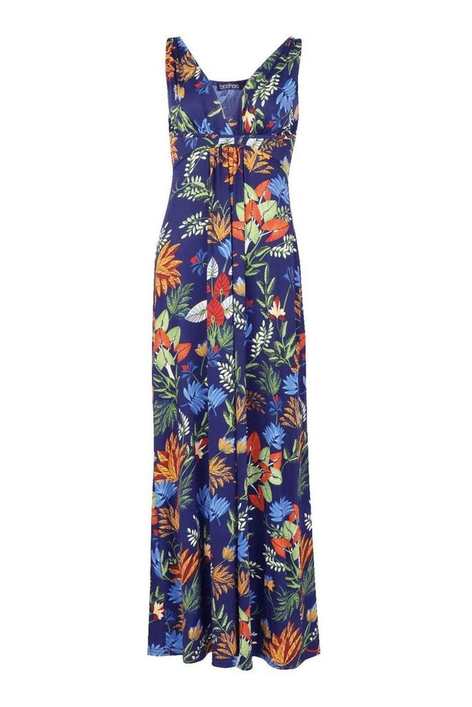 Womens Wrap Front Tropical Print Maxi Dress - blue - 6, Blue