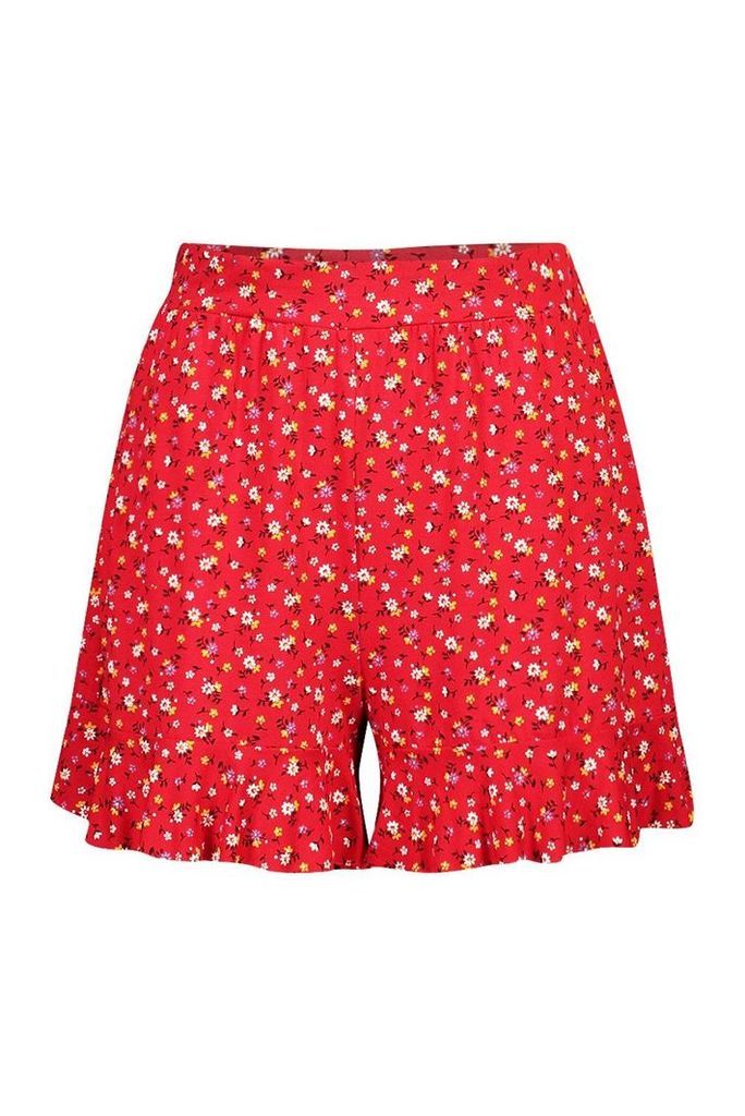 Womens Ruffle Hem Ditsy Print Flippy Shorts - red - 14, Red