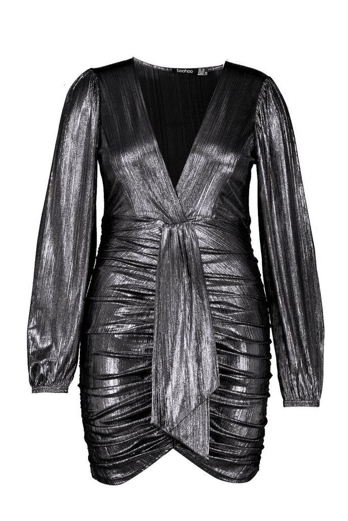 Womens Plunge Long Sleeve Ruched Metallic Dress - grey - 6, Grey