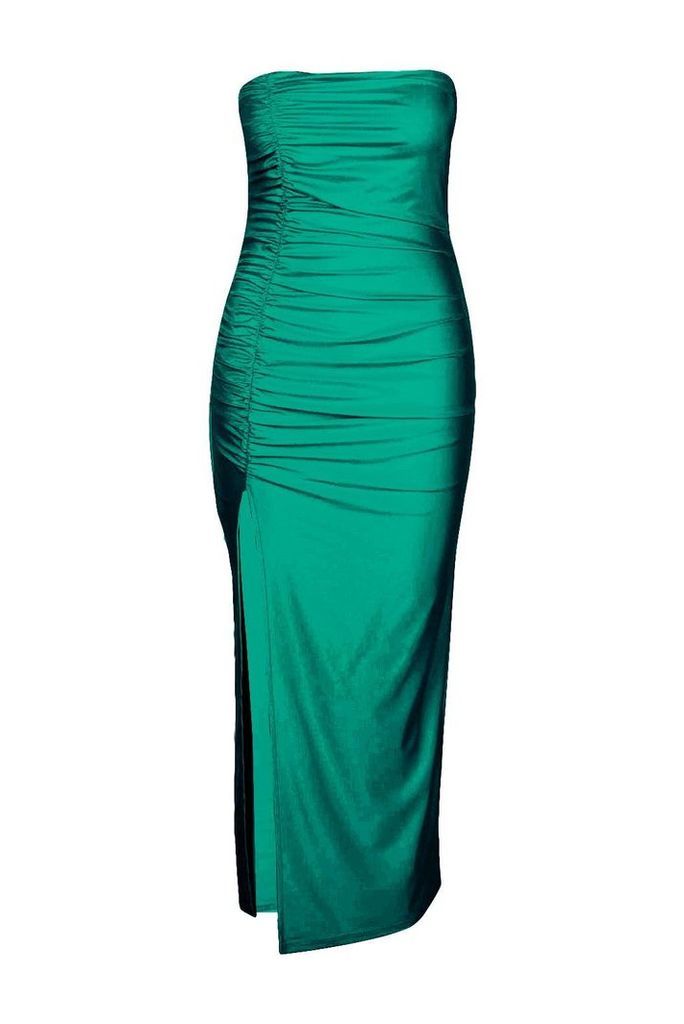 Womens Ruched Side Split Bandeau Maxi Dress - green - 6, Green