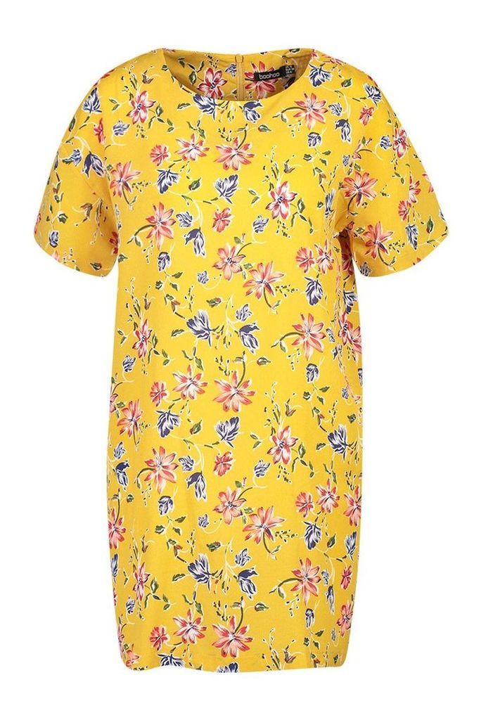 Womens Floral Print Shift Dress - yellow - 12, Yellow