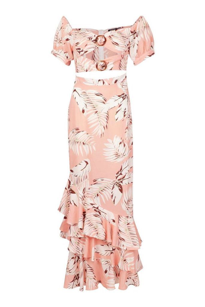 Womens Palm Print Ruffle Maxi Dress - pink - 10, Pink
