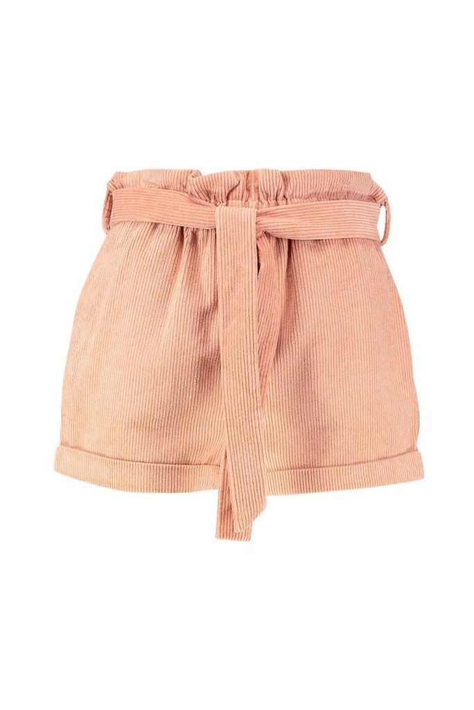 Womens Baby Cord Paperbag Waist Shorts - pink - 10, Pink