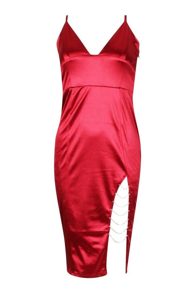 Womens Diamante Trim Stretch Satin Midi Dress - Red - 12, Red