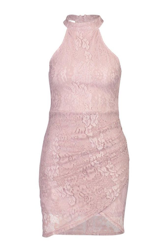 Womens Lace High Neck Ruched Side Bodycon Mini Dress - Pink - 14, Pink