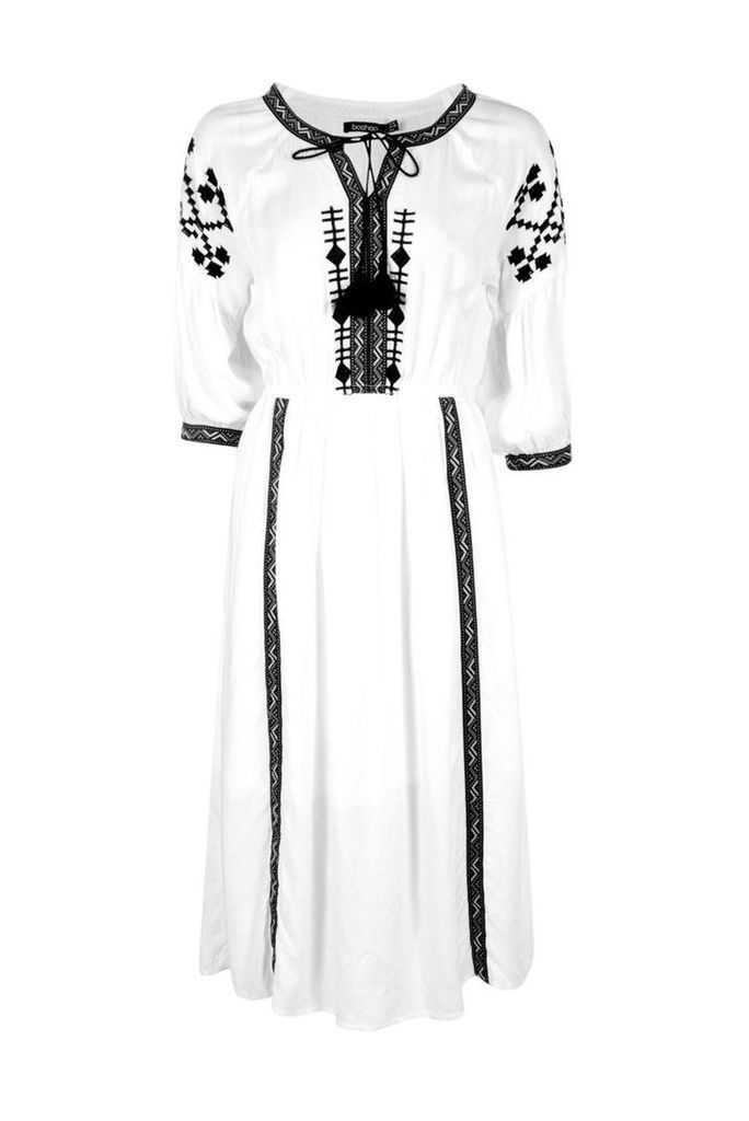 Womens Embroidered Tape Detail Midi Dress - white - 16, White