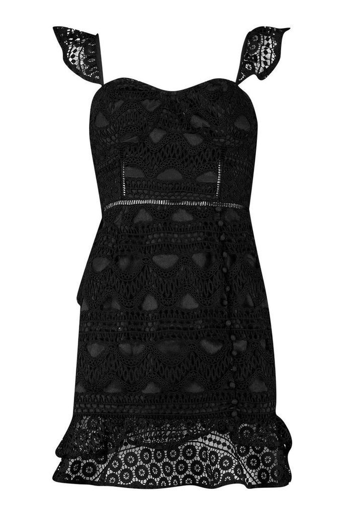 Womens Lace Button Detail Mini Dress - black - 8, Black