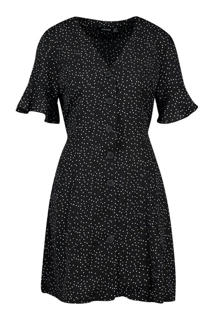 Womens Woven Button Through Flutter Sleeve Shift Dress - black - 8, Black