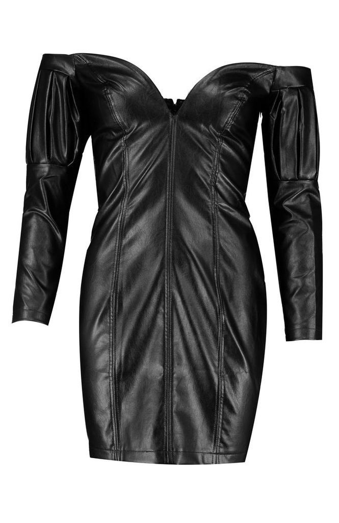 Womens Faux Leather Statement Sleeve Mini Dress - black - 10, Black