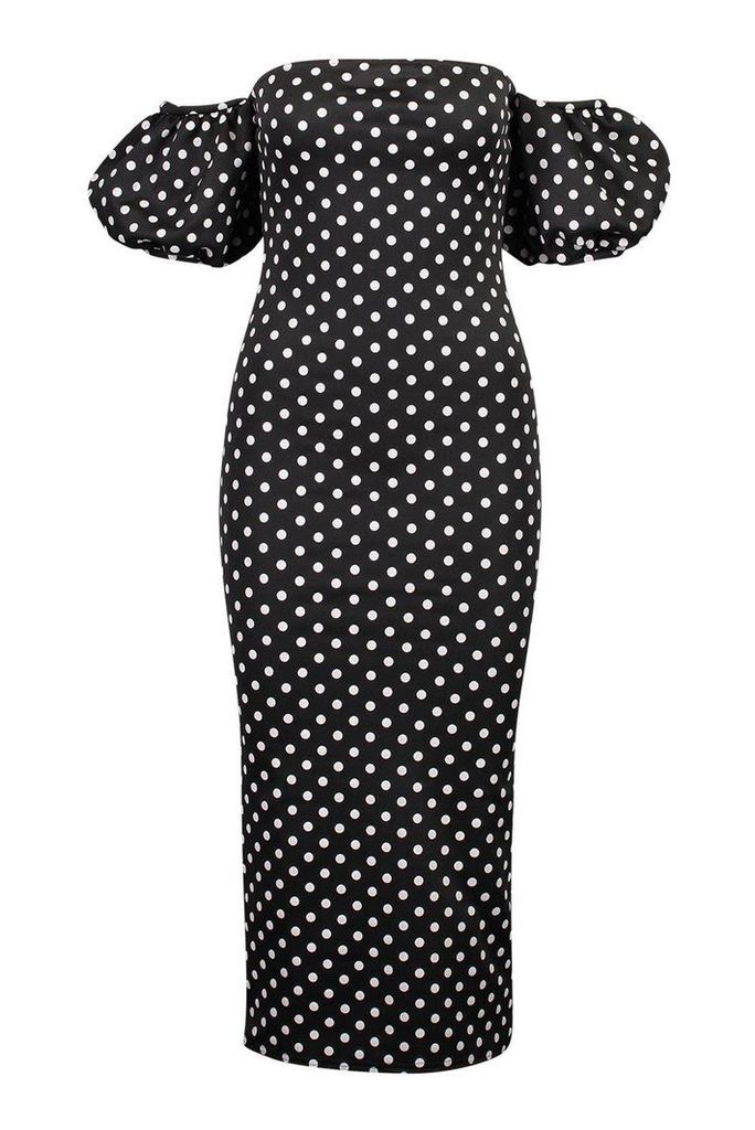 Womens Polka Dot Volume Sleeve Midi Dress - black - 10, Black