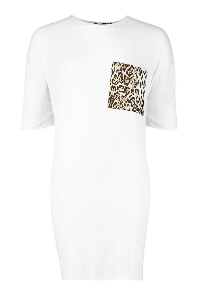Womens Leopard Pocket T-Shirt Dress - White - 12, White